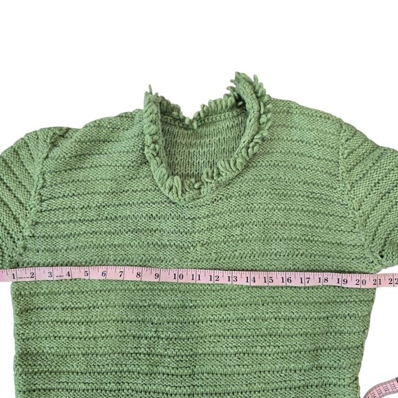 Hand-Knitted Green Fringe Long Dress With Ruffled Collar & Cuffs - Picture 4 of 7